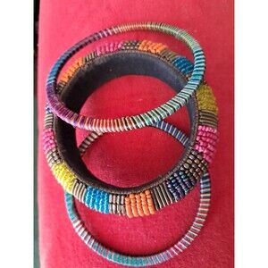 Set Of 3 Bracelets Multi Color 1 Lg Beaded Cuff W/2  Thin String Wrapped Sides